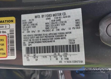 2022 Ford Bronco Sport Big Bend из США, поврежденный, VIN 3FMCR9B67NRD64816